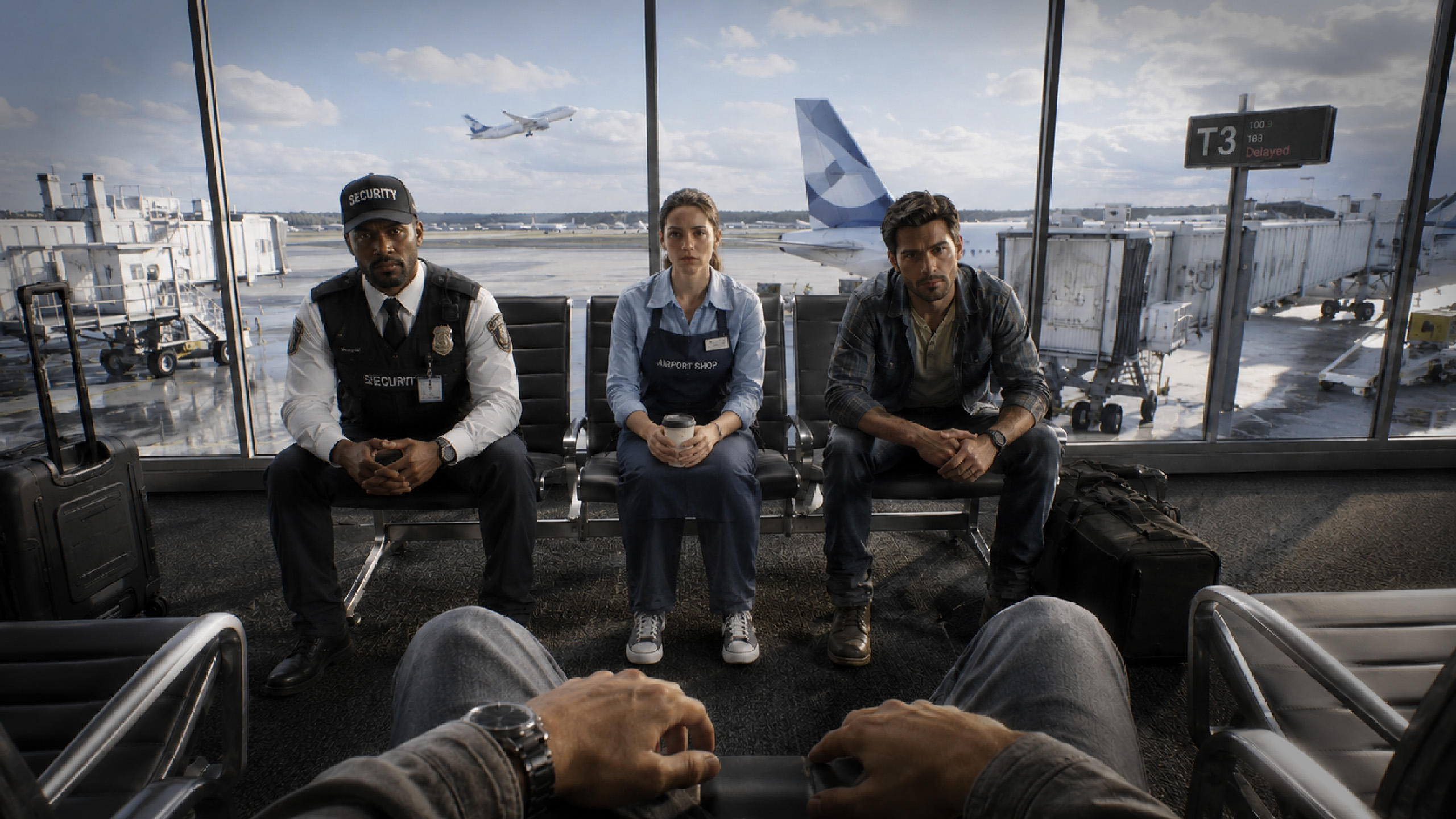 First-person view of three strangers seated across from you in an airport lounge: a security guard, an attendant, and a passenger.